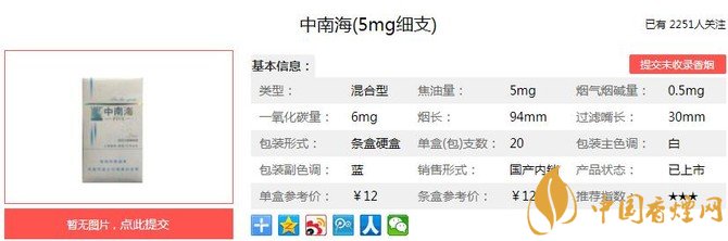 中南海5mg细支价格表一览 混合型细支烟的引领者