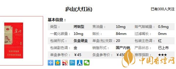 庐山大红运烟多少钱一包 庐山大红运烟价格表