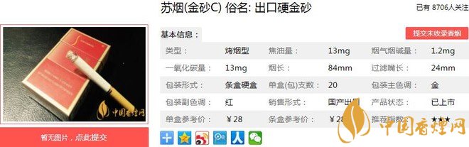 苏烟软金砂C多少钱一包 苏烟软金砂C口感及参数介绍