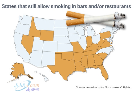 美国16个州仍然允许在酒吧和餐馆吸烟