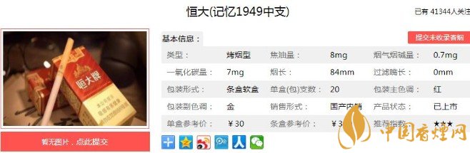 恒大记忆1949原始香烟包装，价格还是当年的30元一包